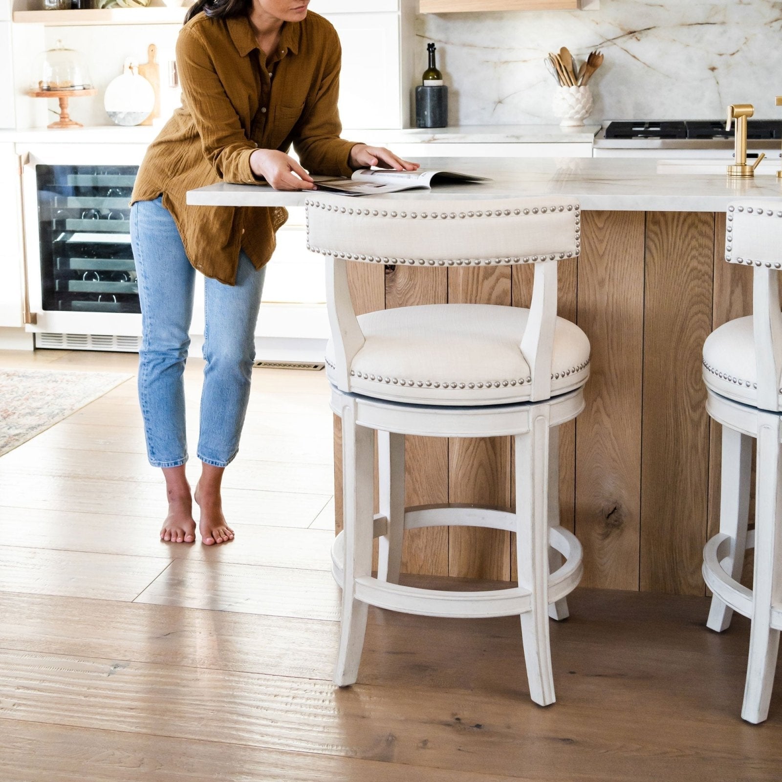 Alexander Bar Stool in White Oak Finish with Natural Color Fabric Upholstery in Stools by Maven Lane