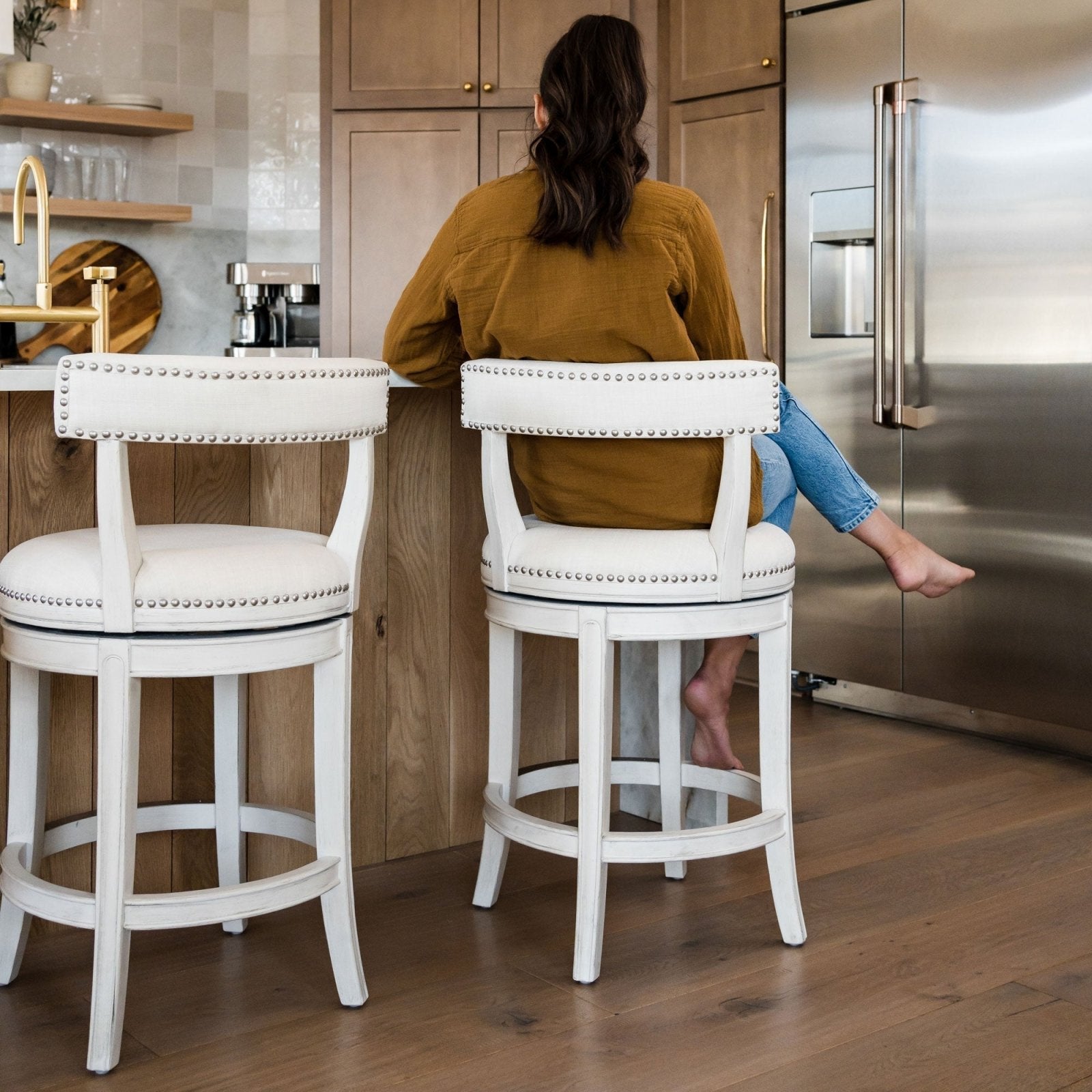 Alexander Bar Stool in White Oak Finish with Natural Color Fabric Upholstery