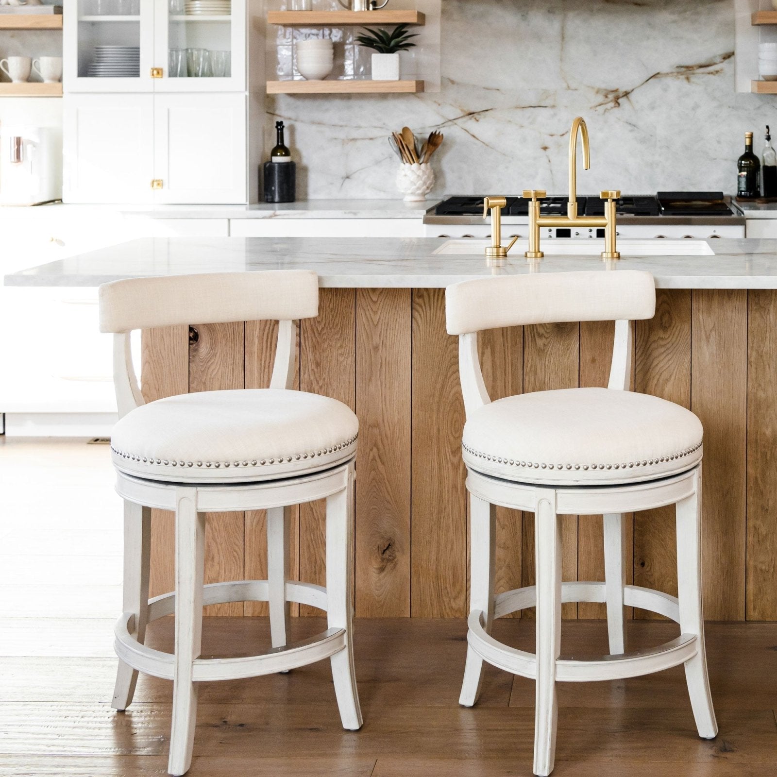 Alexander Bar Stool in White Oak Finish with Natural Color Fabric Upholstery