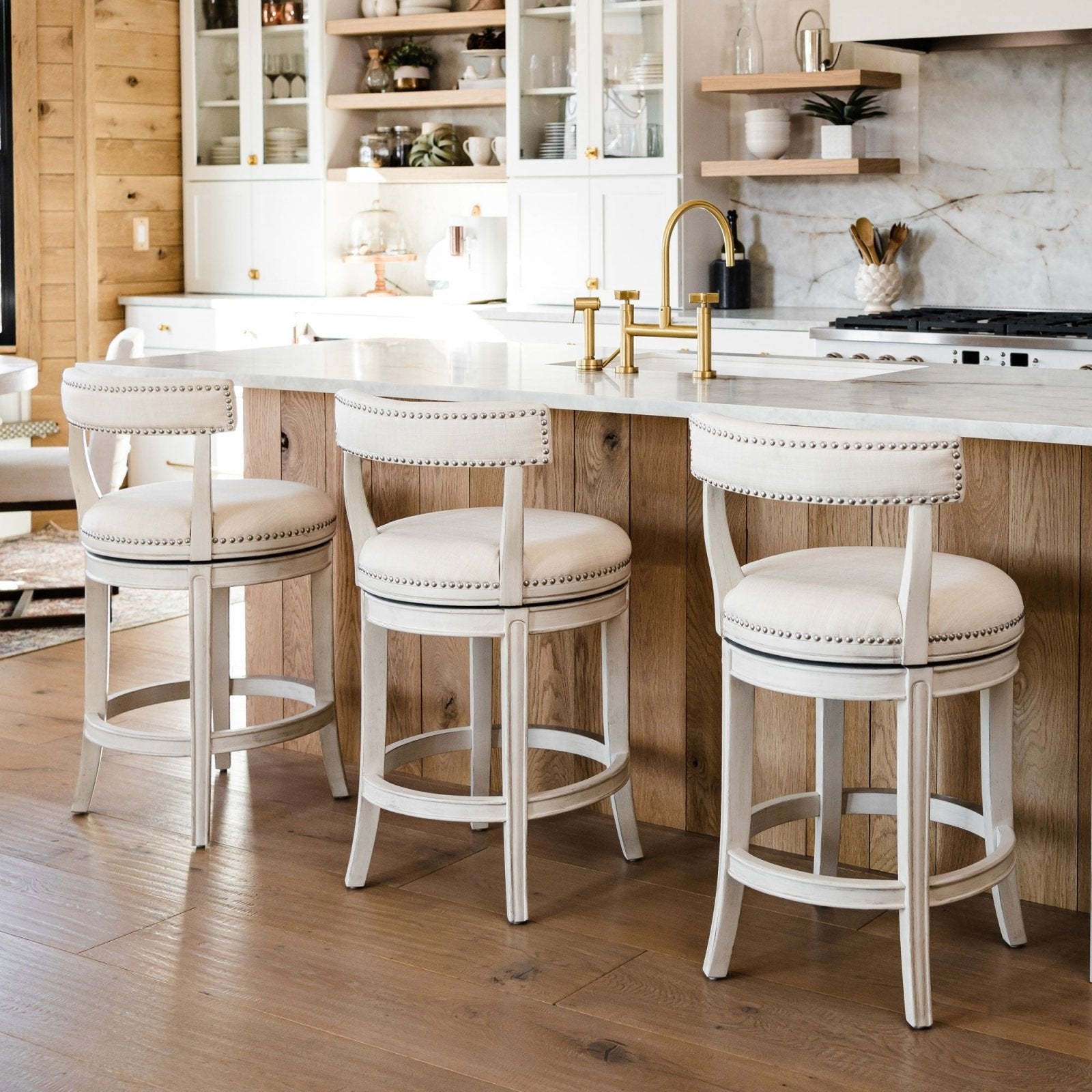 Alexander Bar Stool in White Oak Finish with Natural Color Fabric Upholstery