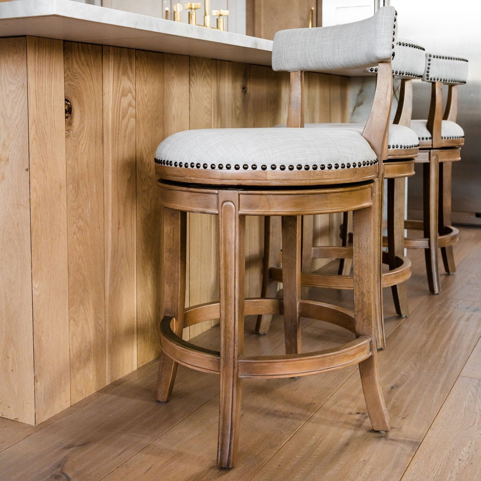 Alexander Bar Stool in Weathered Oak Finish with Sand Color Fabric Upholstery in Stools by Maven Lane