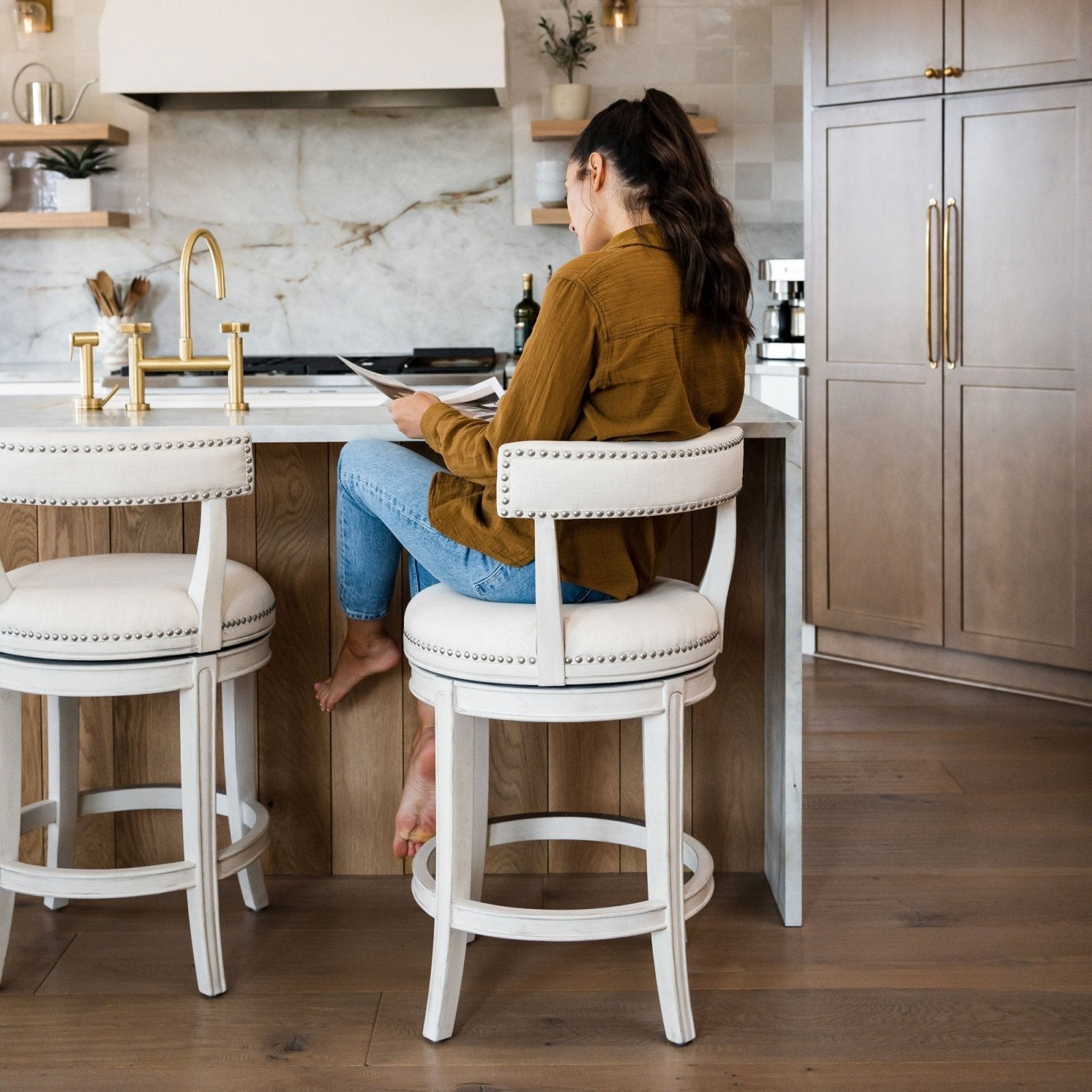 Alexander Counter Stool in White Oak Finish with Natural Color Fabric Upholstery in Stools by Maven Lane
