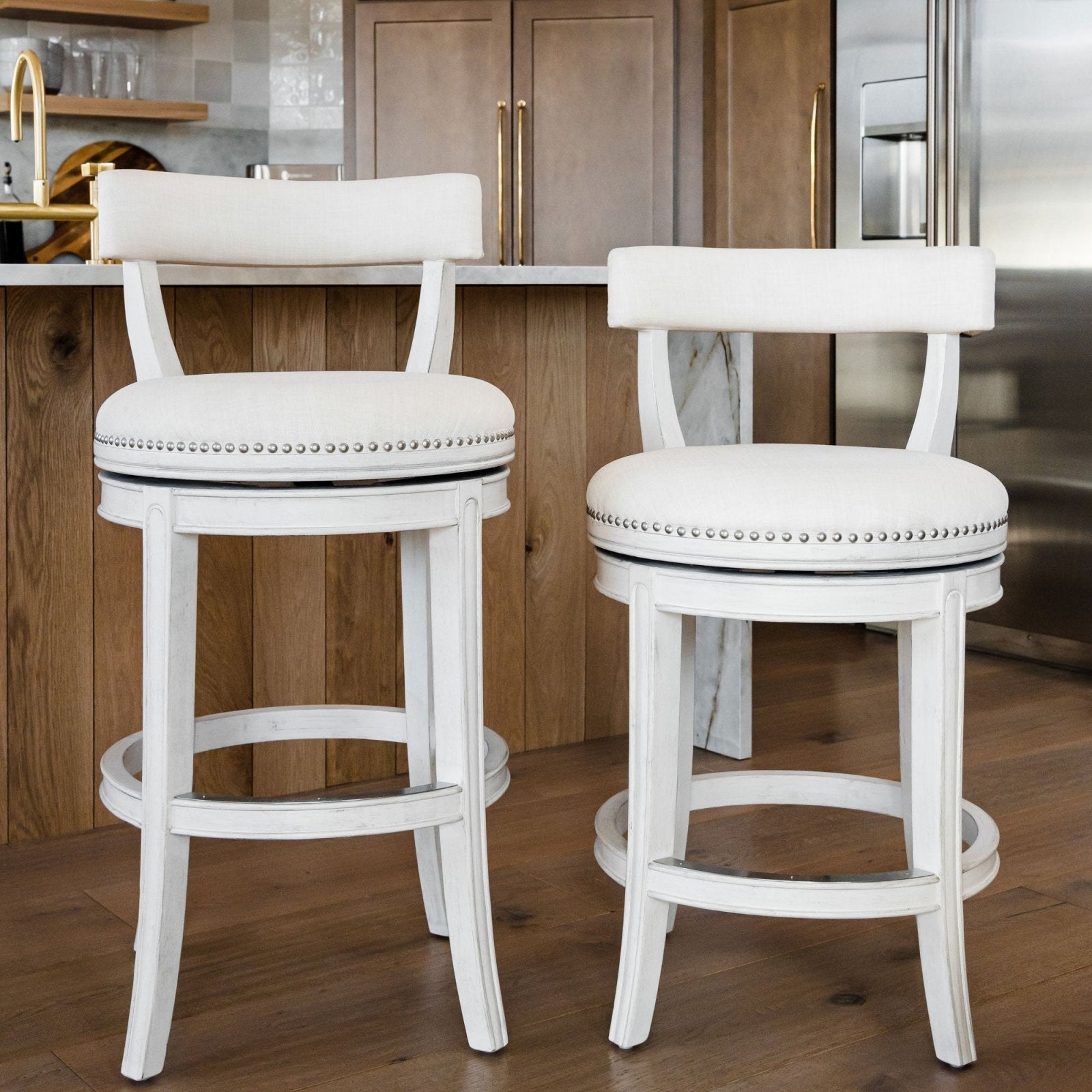 Alexander Counter Stool in White Oak Finish with Natural Color Fabric Upholstery