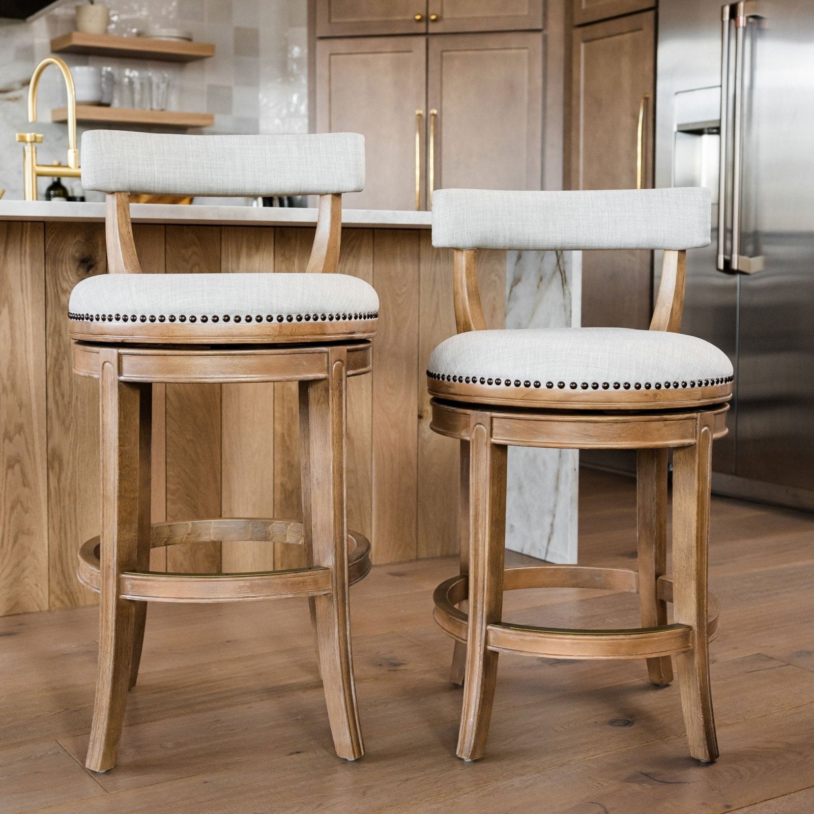 Alexander Counter Stool in Weathered Oak Finish with Sand Color Fabric Upholstery in Stools by Maven Lane