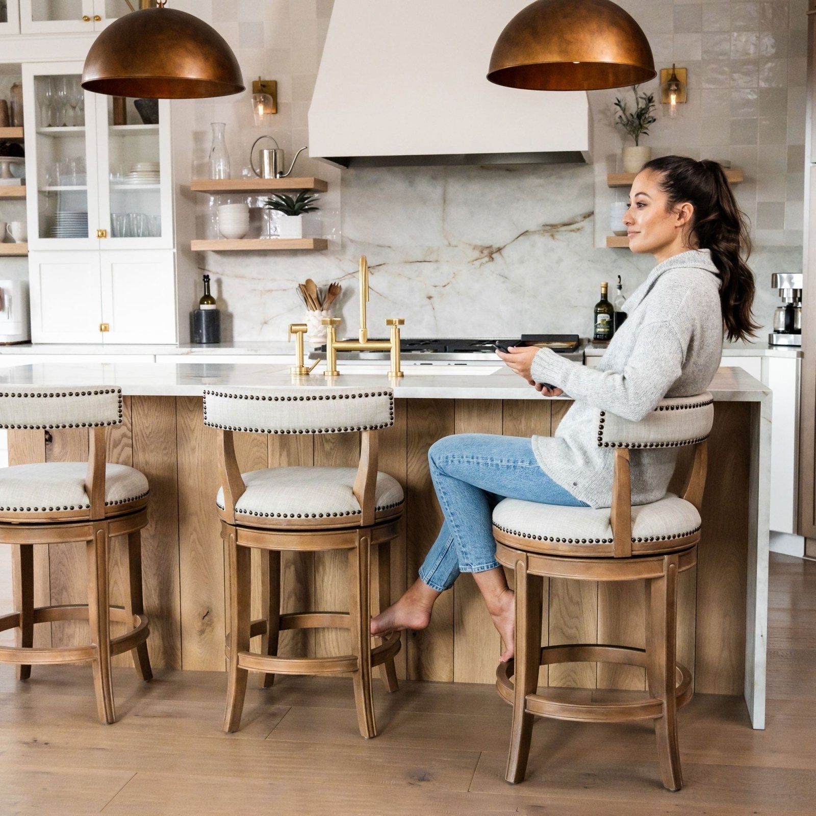 Alexander Counter Stool in Weathered Oak Finish with Sand Color Fabric Upholstery in Stools by Maven Lane
