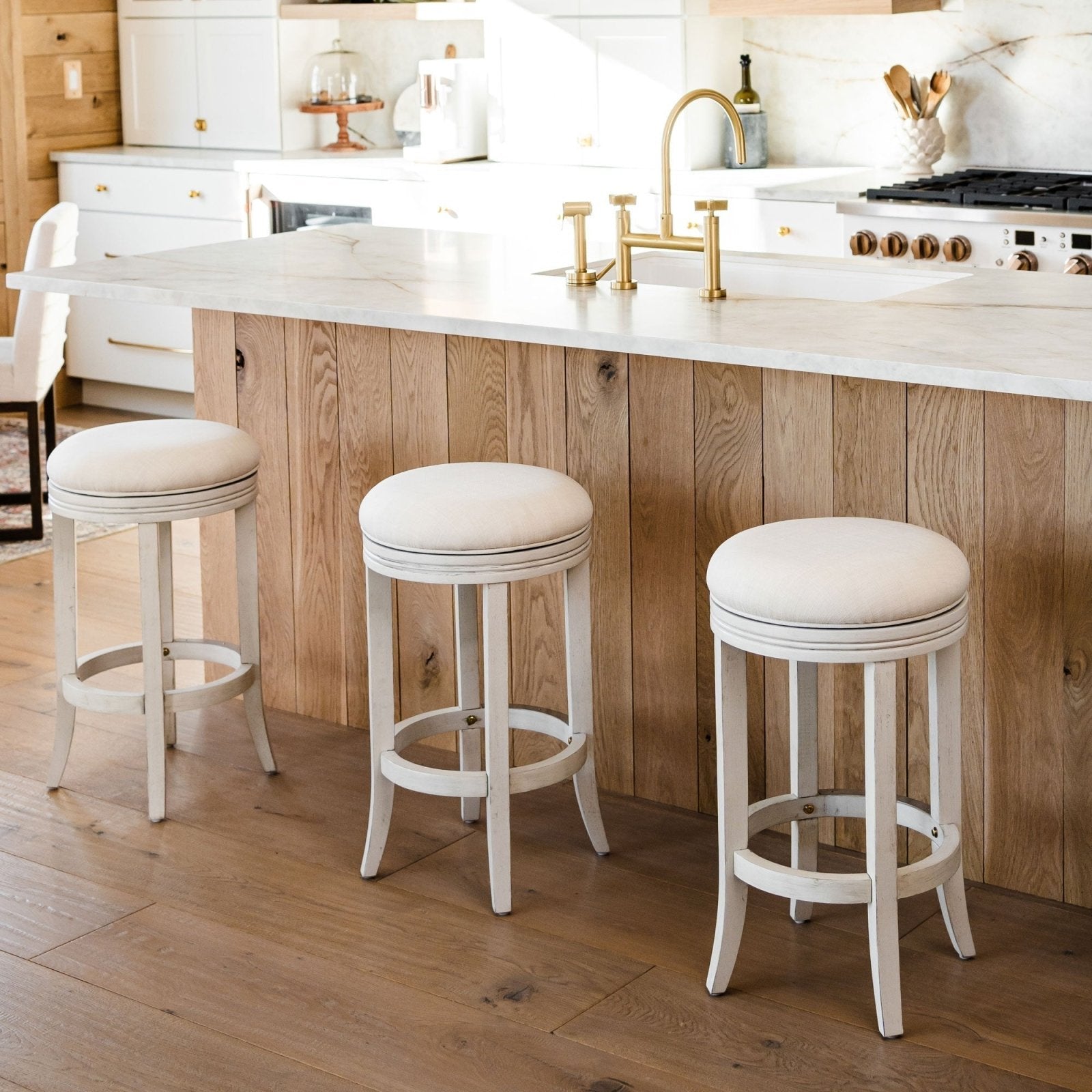 Eva Bar Stool in White Oak Finish with Natural Fabric Upholstery in Stools by Maven Lane