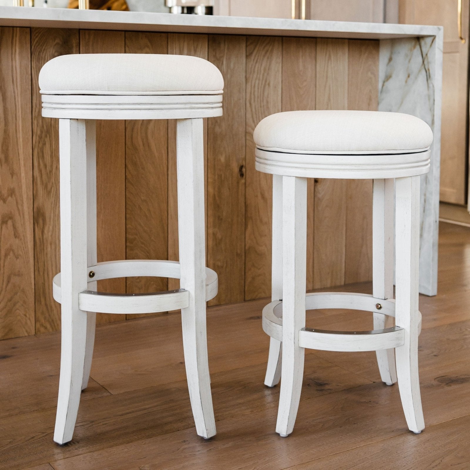 Eva Bar Stool in White Oak Finish with Natural Fabric Upholstery