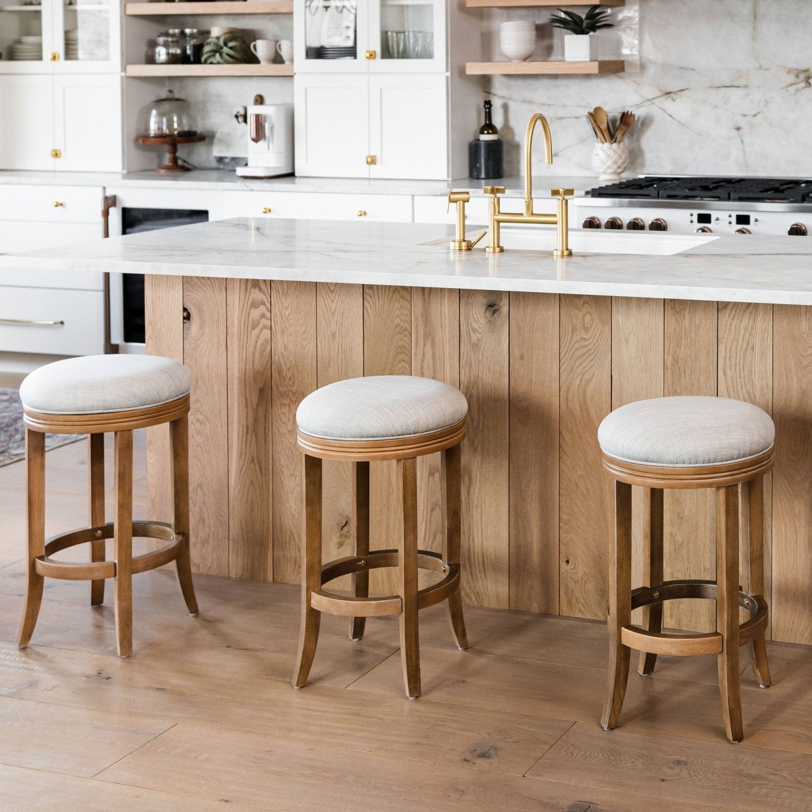 Eva Bar Stool in Weathered Oak Finish with Sand Color Fabric Upholstery in Stools by Maven Lane