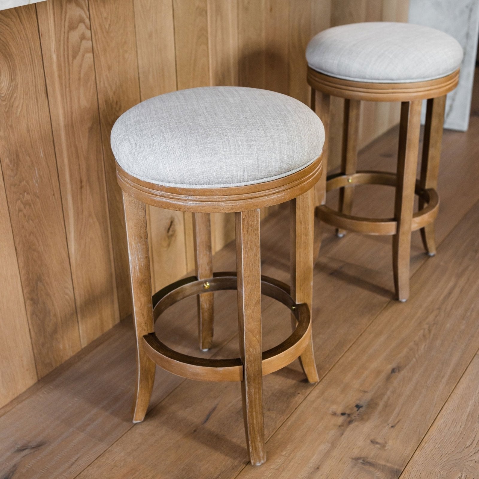 Eva Bar Stool in Weathered Oak Finish with Sand Color Fabric Upholstery in Stools by Maven Lane