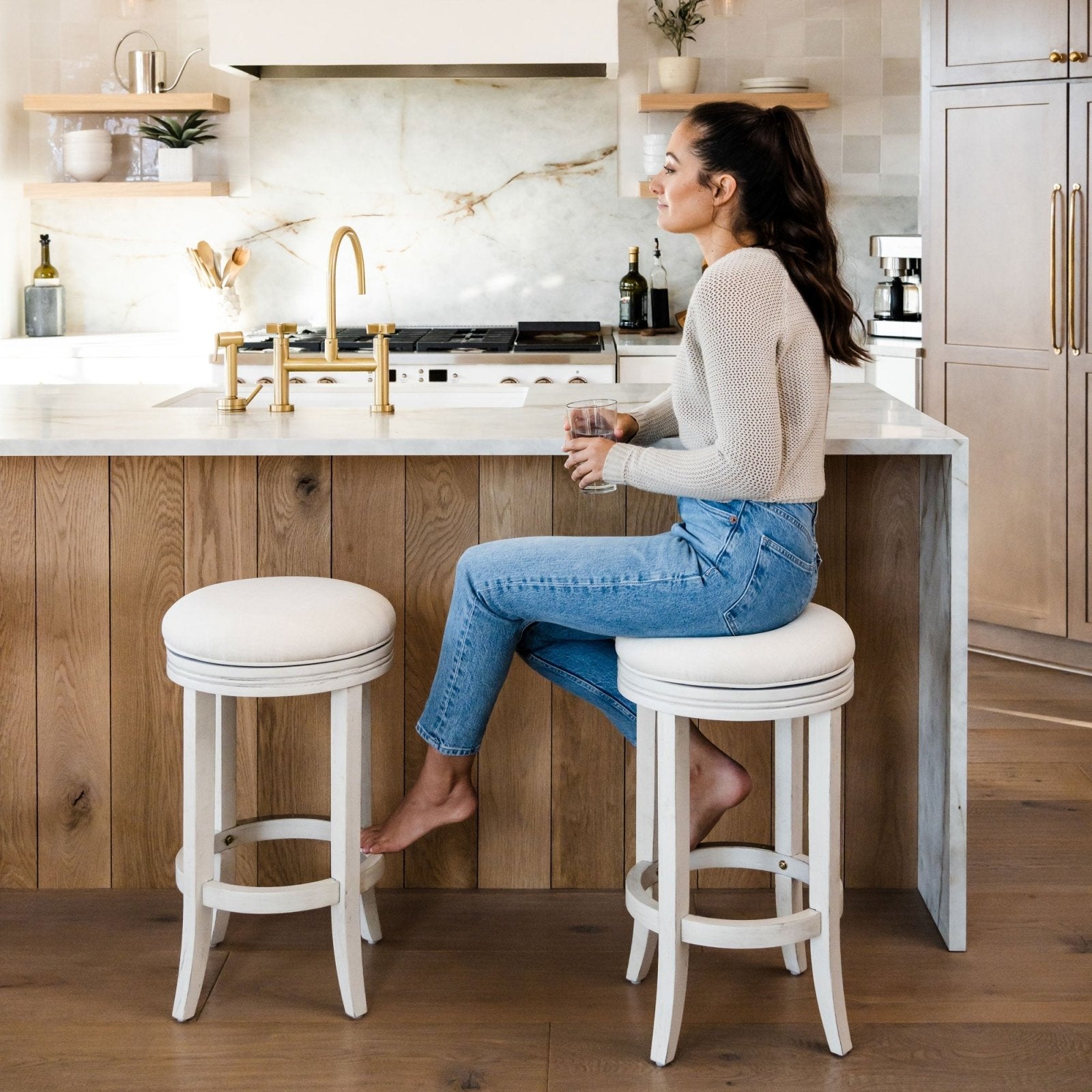 Eva Counter Stool in White Oak Finish with Natural Fabric Upholstery in Stools by Maven Lane