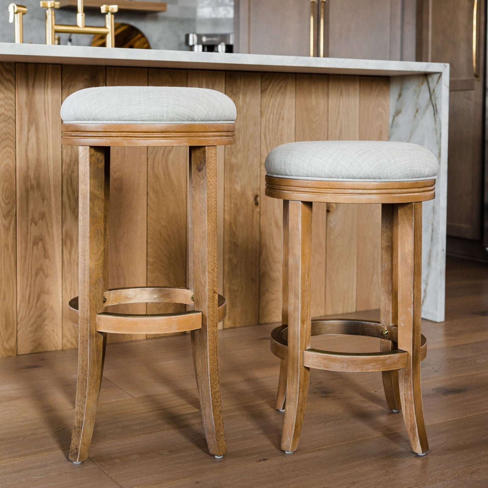 Eva Counter Stool in Weathered Oak Finish with Sand Color Fabric Upholstery in Stools by Maven Lane