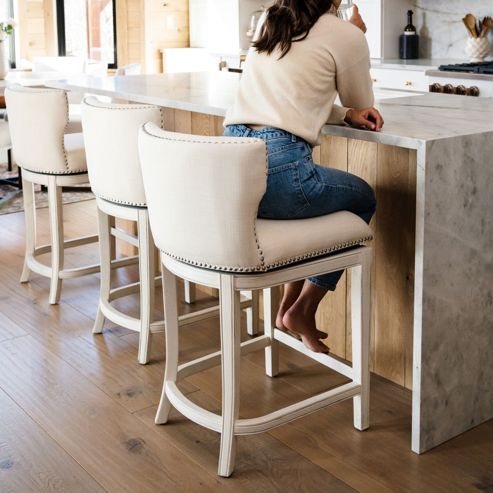 Hugo Bar Stool in White Oak Finish with Natural Fabric Upholstery