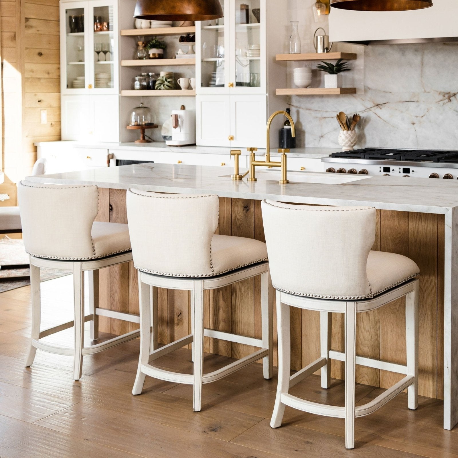 Hugo Bar Stool in White Oak Finish with Natural Fabric Upholstery in Stools by Maven Lane