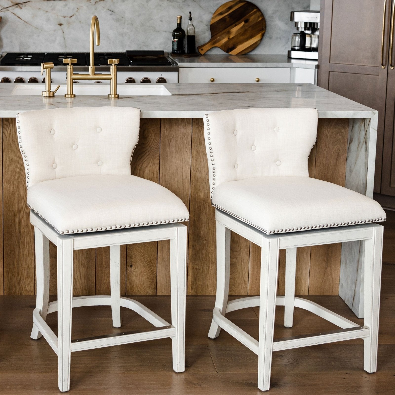 Hugo Bar Stool in White Oak Finish with Natural Fabric Upholstery in Stools by Maven Lane