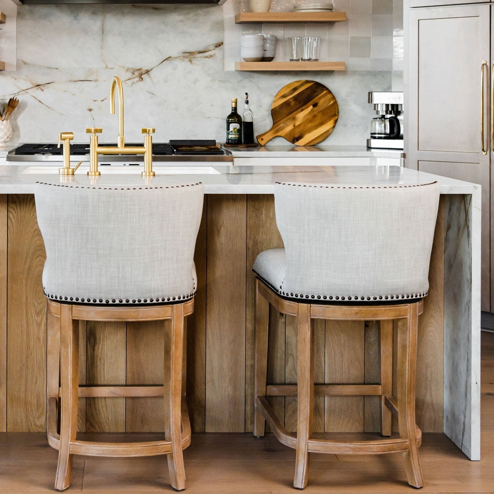 Hugo Bar Stool in Weathered Oak Finish with Sand Color Fabric Upholstery in Stools by Maven Lane