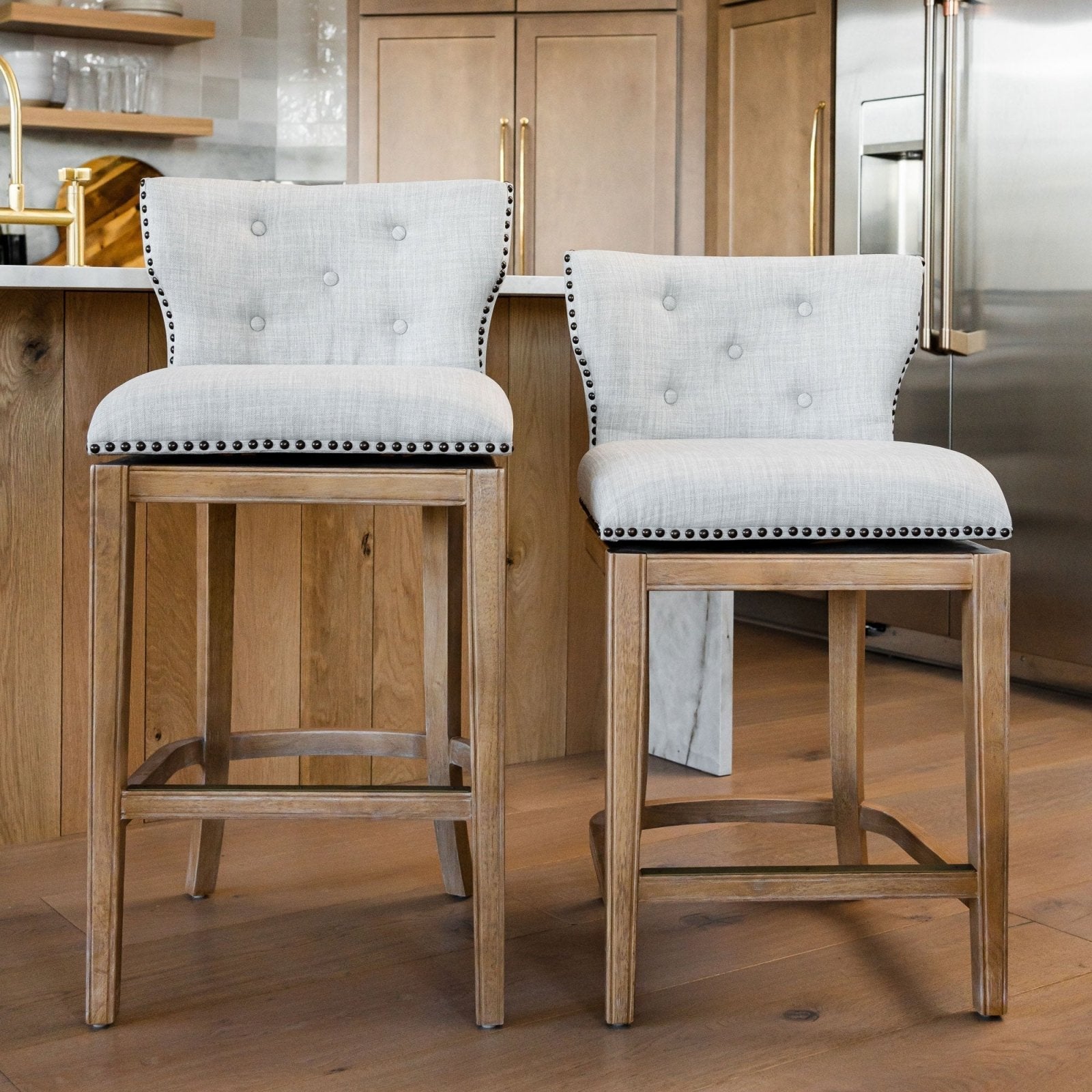 Hugo Bar Stool in Weathered Oak Finish with Sand Color Fabric Upholstery in Stools by Maven Lane