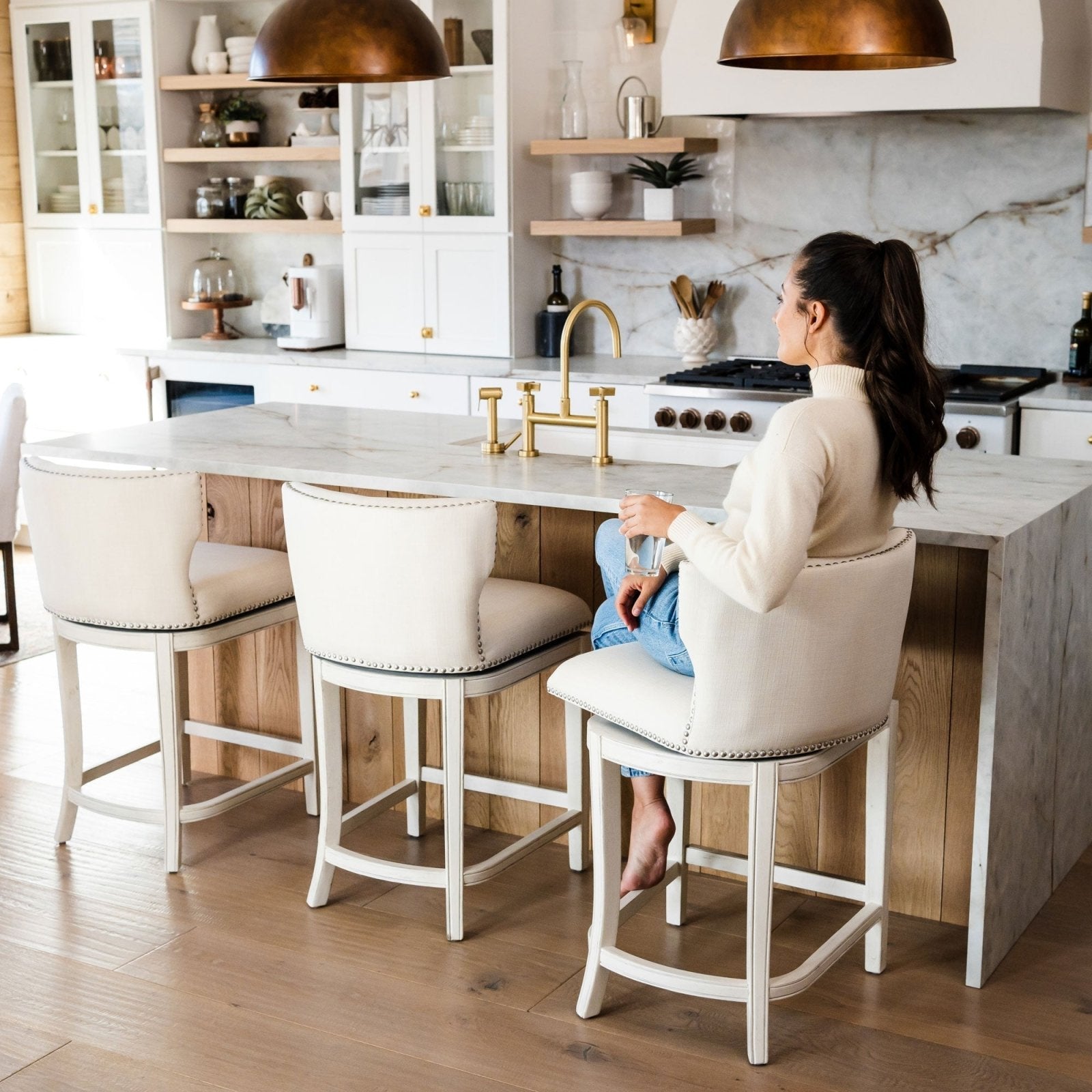 Hugo Counter Stool in White Oak Finish with Natural Fabric Upholstery in Stools by Maven Lane