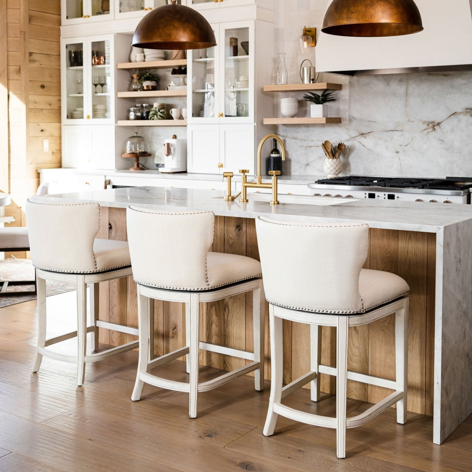 Hugo Counter Stool in White Oak Finish with Natural Fabric Upholstery