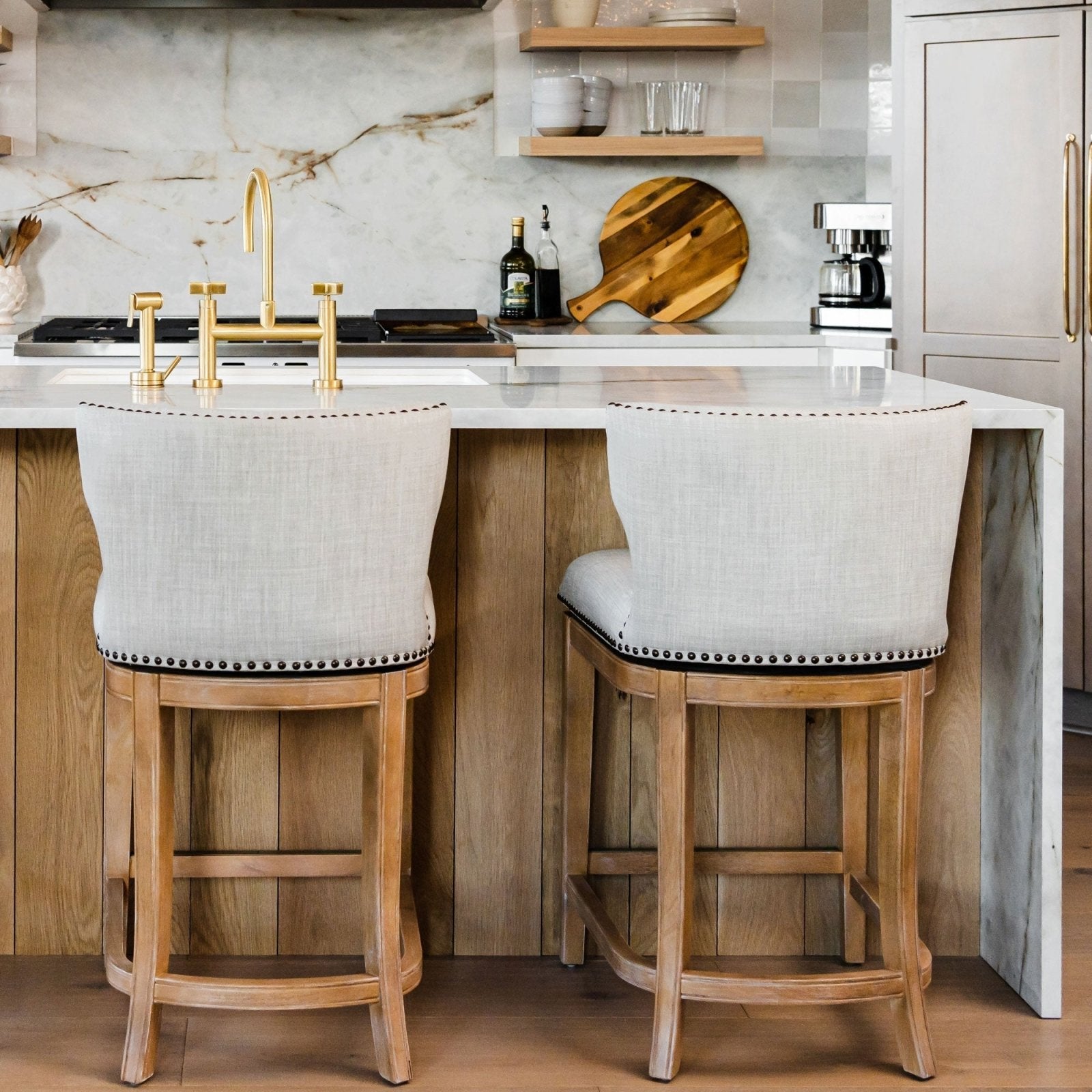 Hugo Counter Stool in Weathered Oak Finish with Sand Color Fabric Upholstery