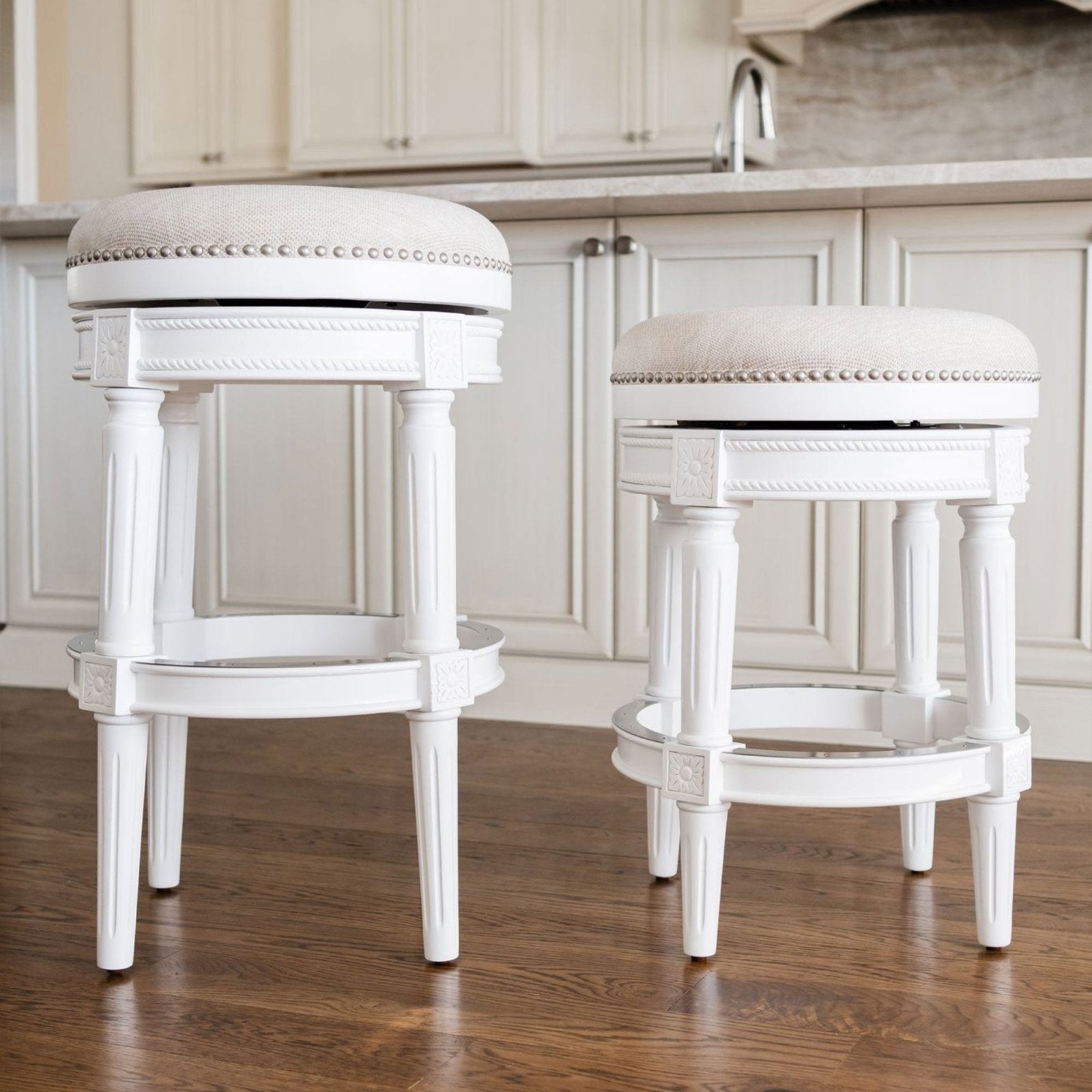 Pullman Backless Bar Stool in Alabaster White Finish with Cream Fabric Upholstery in Stools by Maven Lane