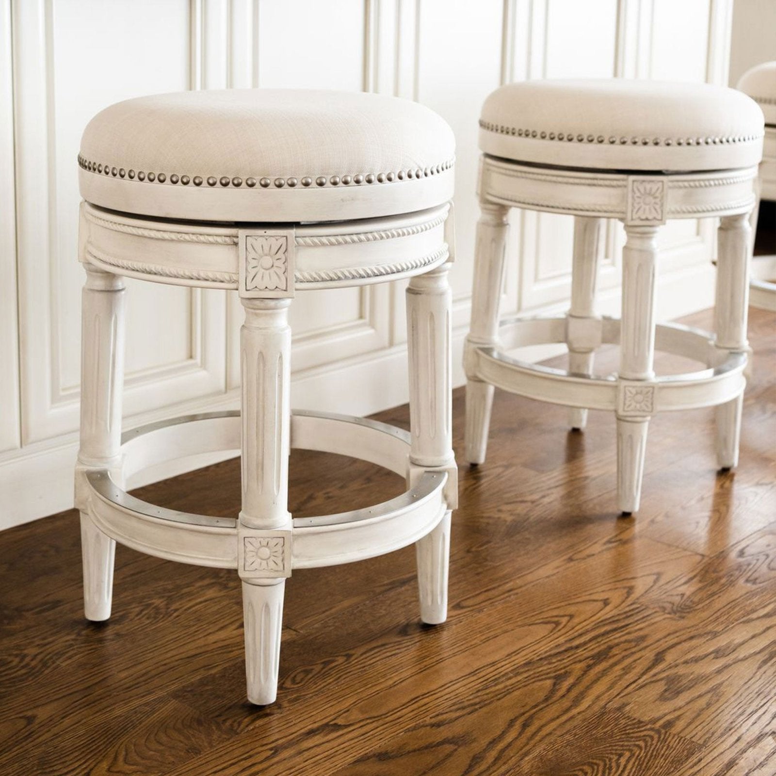 Pullman Backless Bar Stool in White Oak Finish with Natural Fabric Upholstery in Stools by Maven Lane