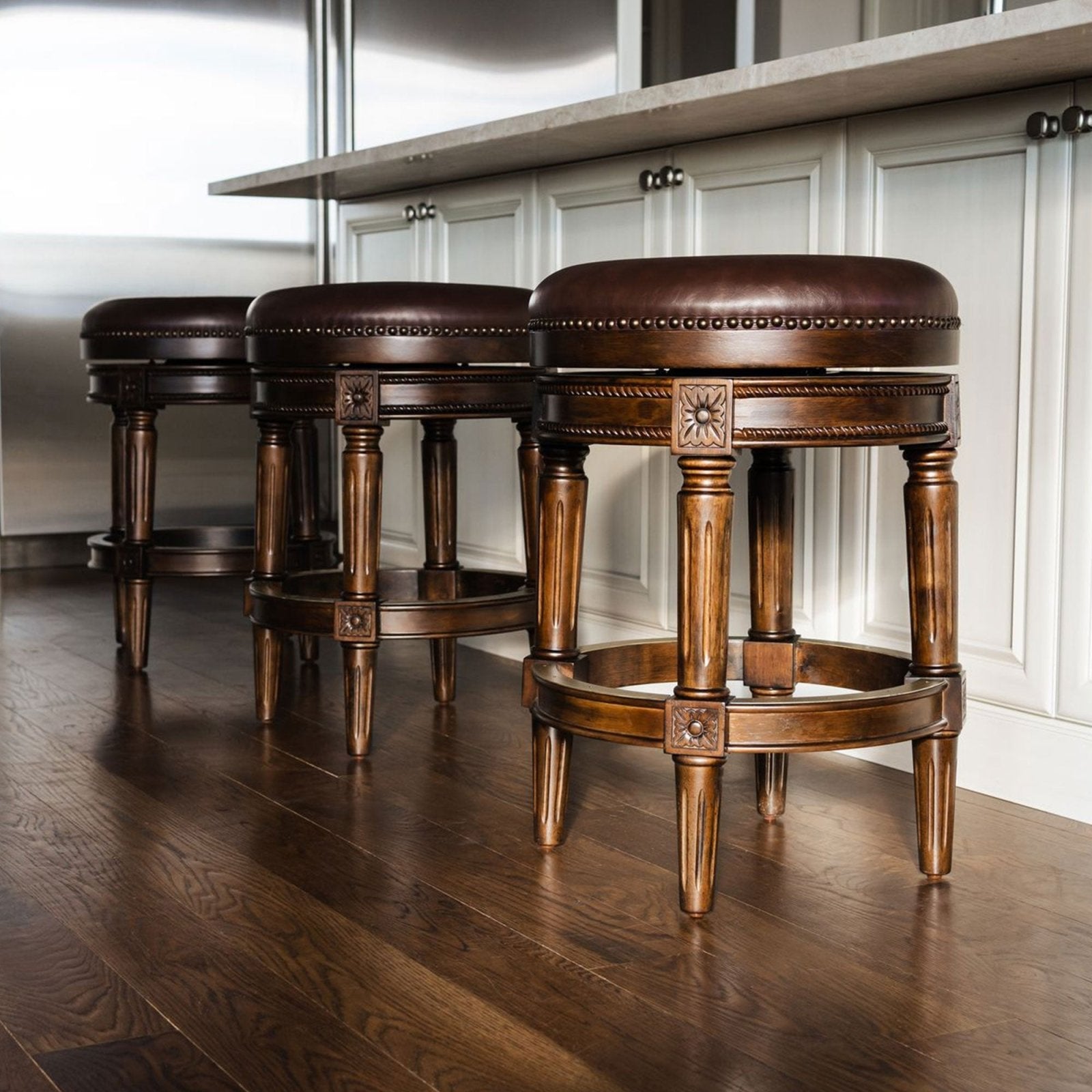 Pullman Backless Bar Stool in Dark Walnut Finish with Vintage Brown Vegan Leather in Stools by Maven Lane