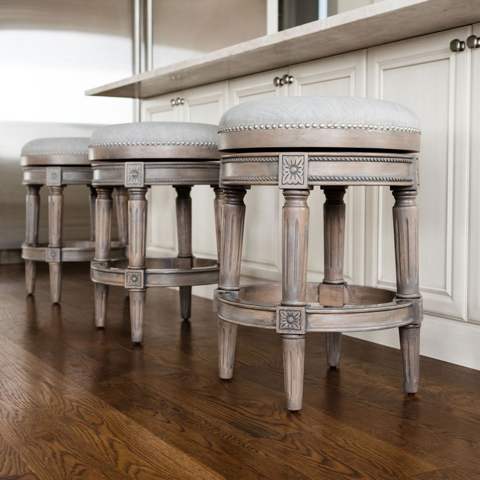 Pullman Backless Bar Stool in Reclaimed Oak Finish with Ash Grey Fabric Upholstery in Stools by Maven Lane