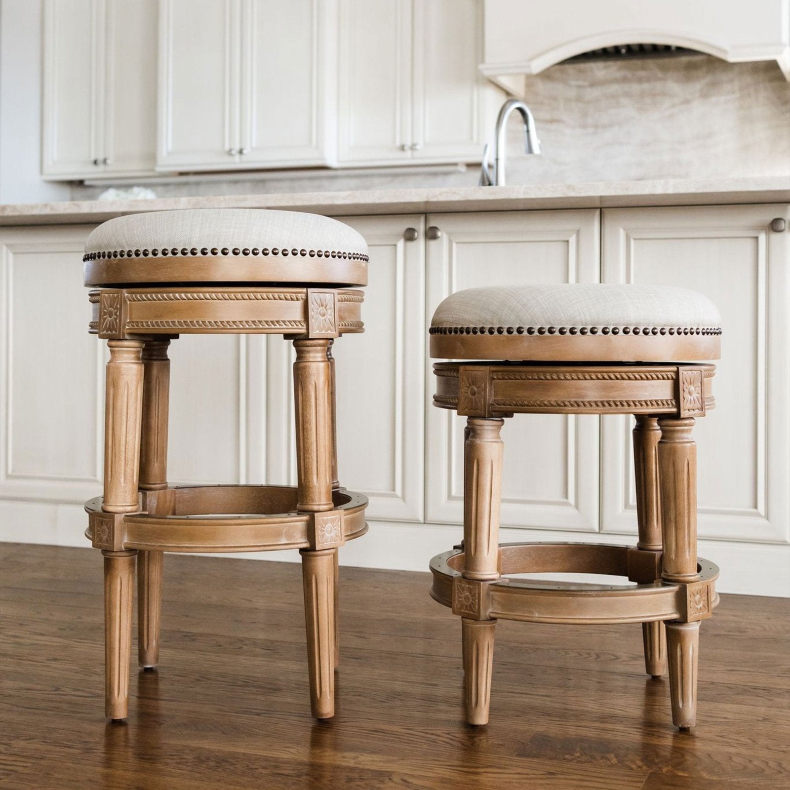 Pullman Backless Bar Stool in Weathered Oak Finish with Sand Color Fabric Upholstery in Stools by Maven Lane