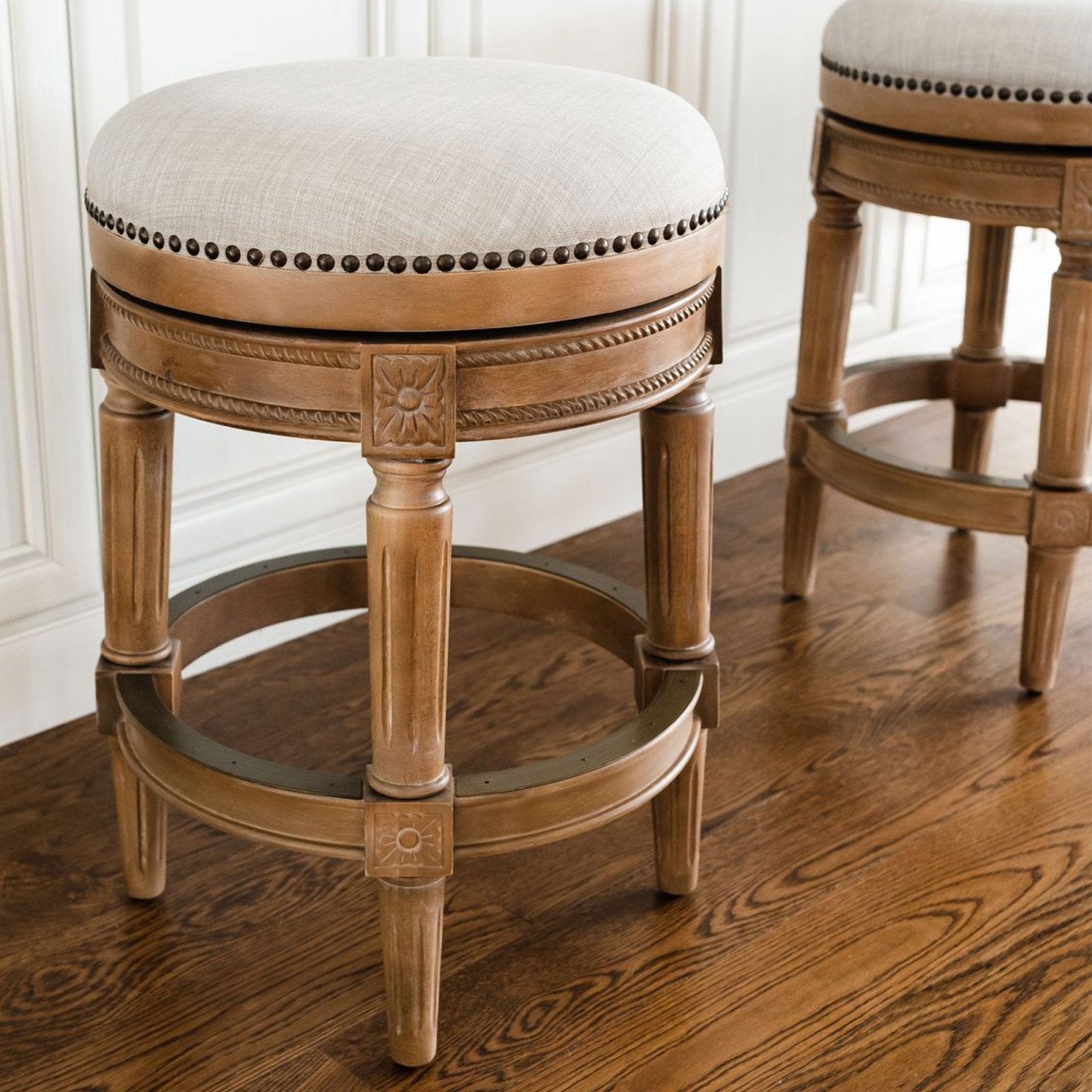 Pullman Backless Bar Stool in Weathered Oak Finish with Sand Color Fabric Upholstery in Stools by Maven Lane
