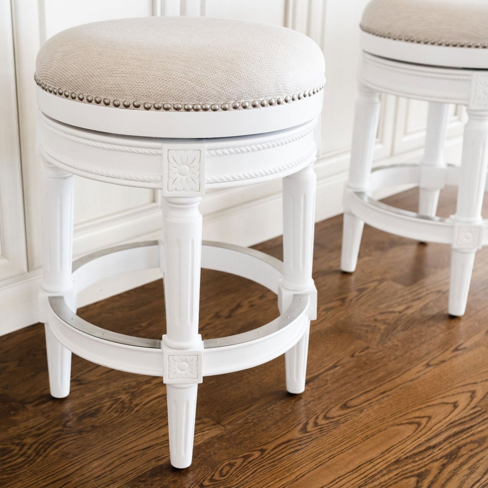 Pullman Backless Counter Stool in Alabaster White Finish with Cream Fabric Upholstery in Stools by Maven Lane
