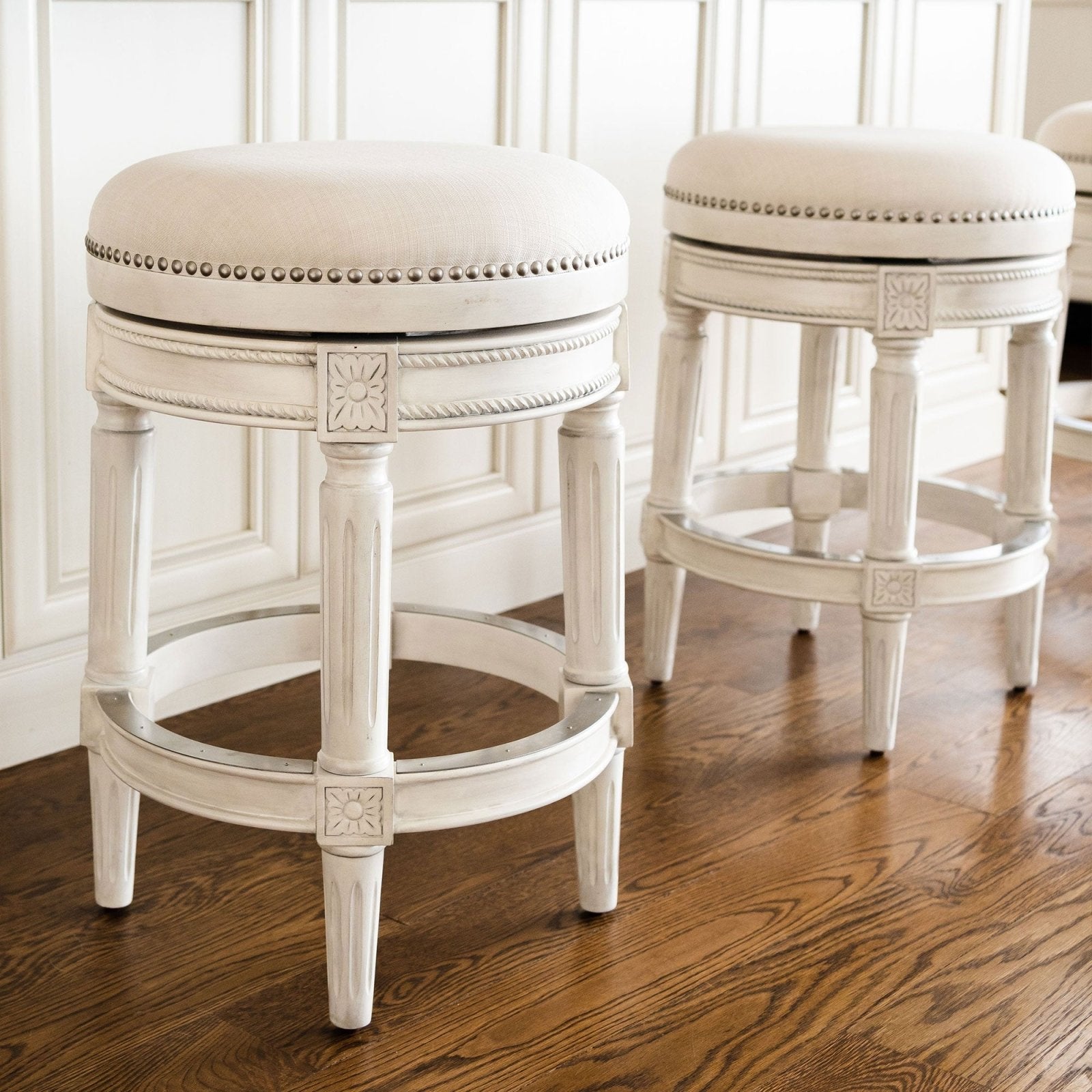 Pullman Backless Counter Stool in White Oak Finish with Natural Fabric Upholstery in Stools by Maven Lane