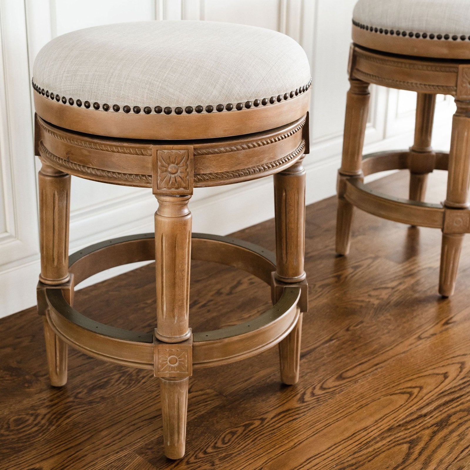 Pullman Backless Counter Stool in Weathered Oak Finish with Sand Color Fabric Upholstery in Stools by Maven Lane