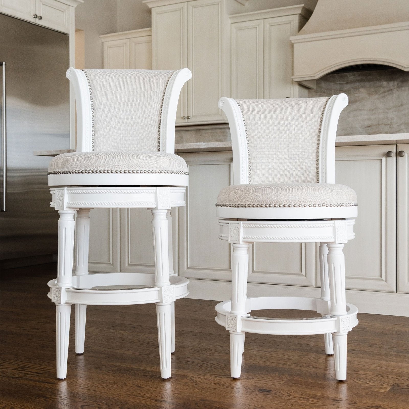 Pullman Bar Stool in Alabaster White Finish with Cream Fabric Upholstery in Stools by Maven Lane