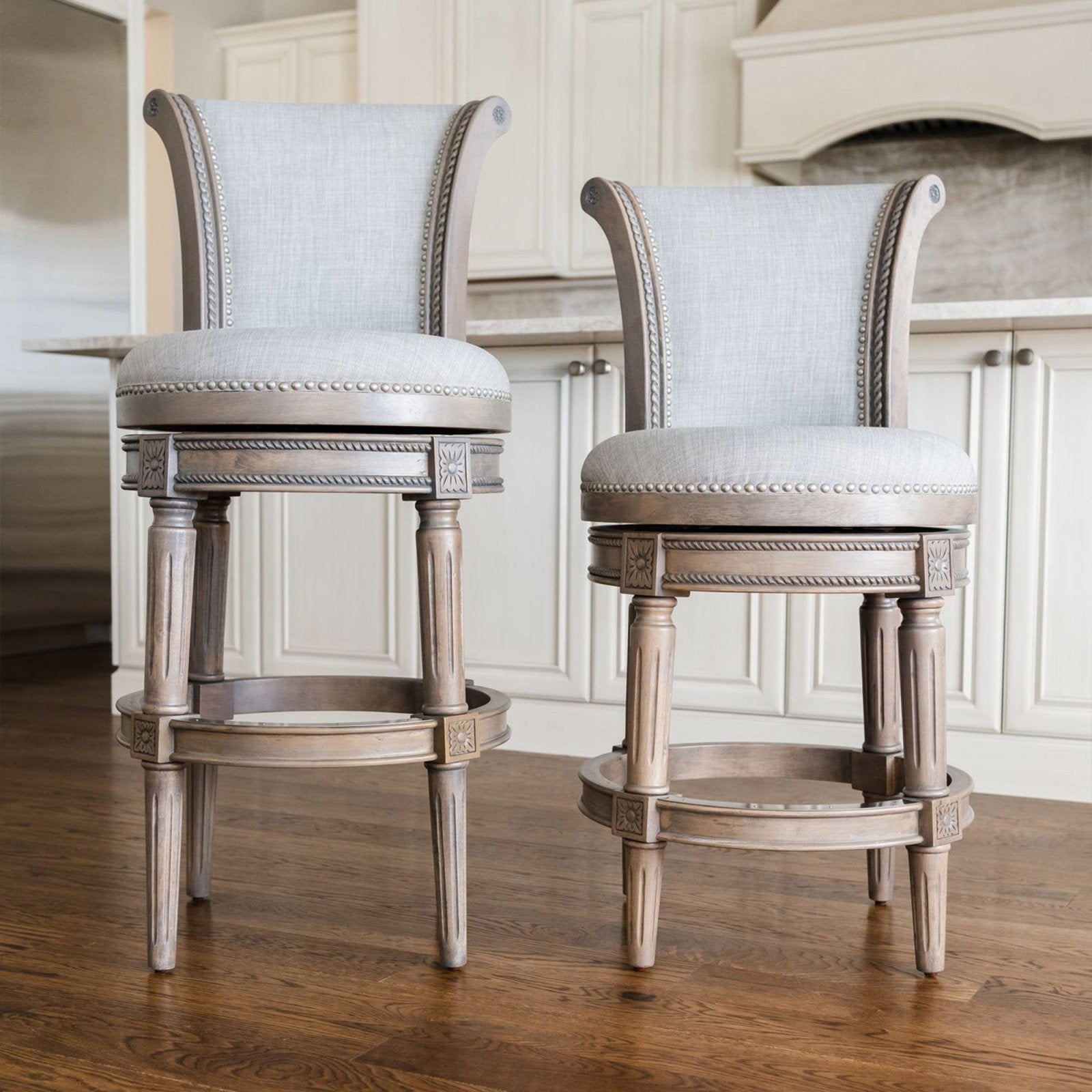 Pullman Bar Stool in Reclaimed Oak Finish with Ash Grey Fabric Upholstery in Stools by Maven Lane
