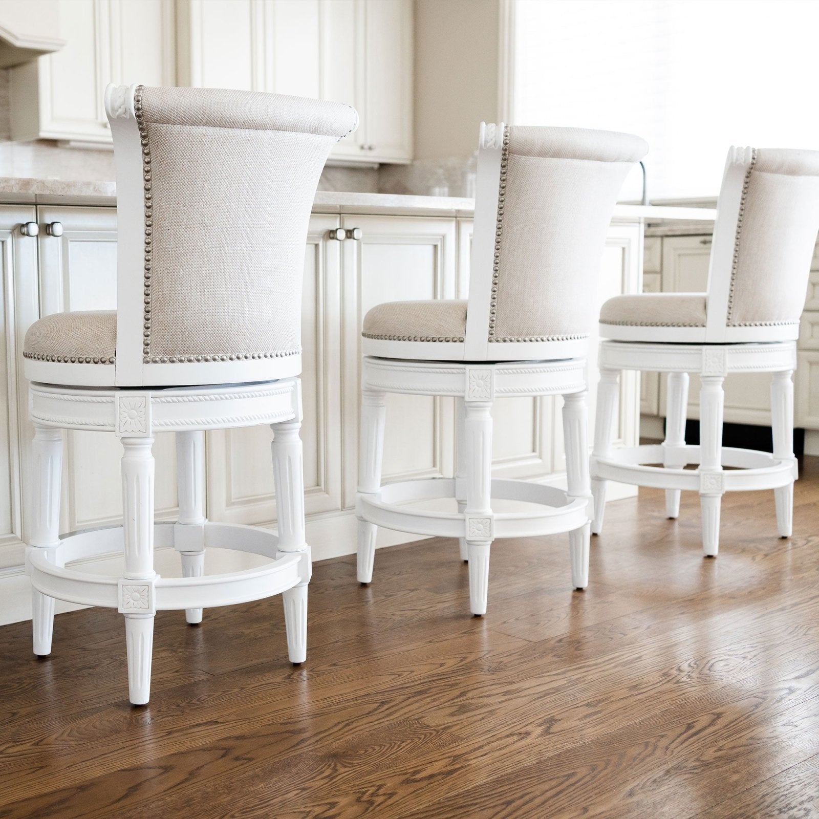 Pullman Counter Stool in Alabaster White Finish with Cream Fabric Upholstery in Stools by Maven Lane