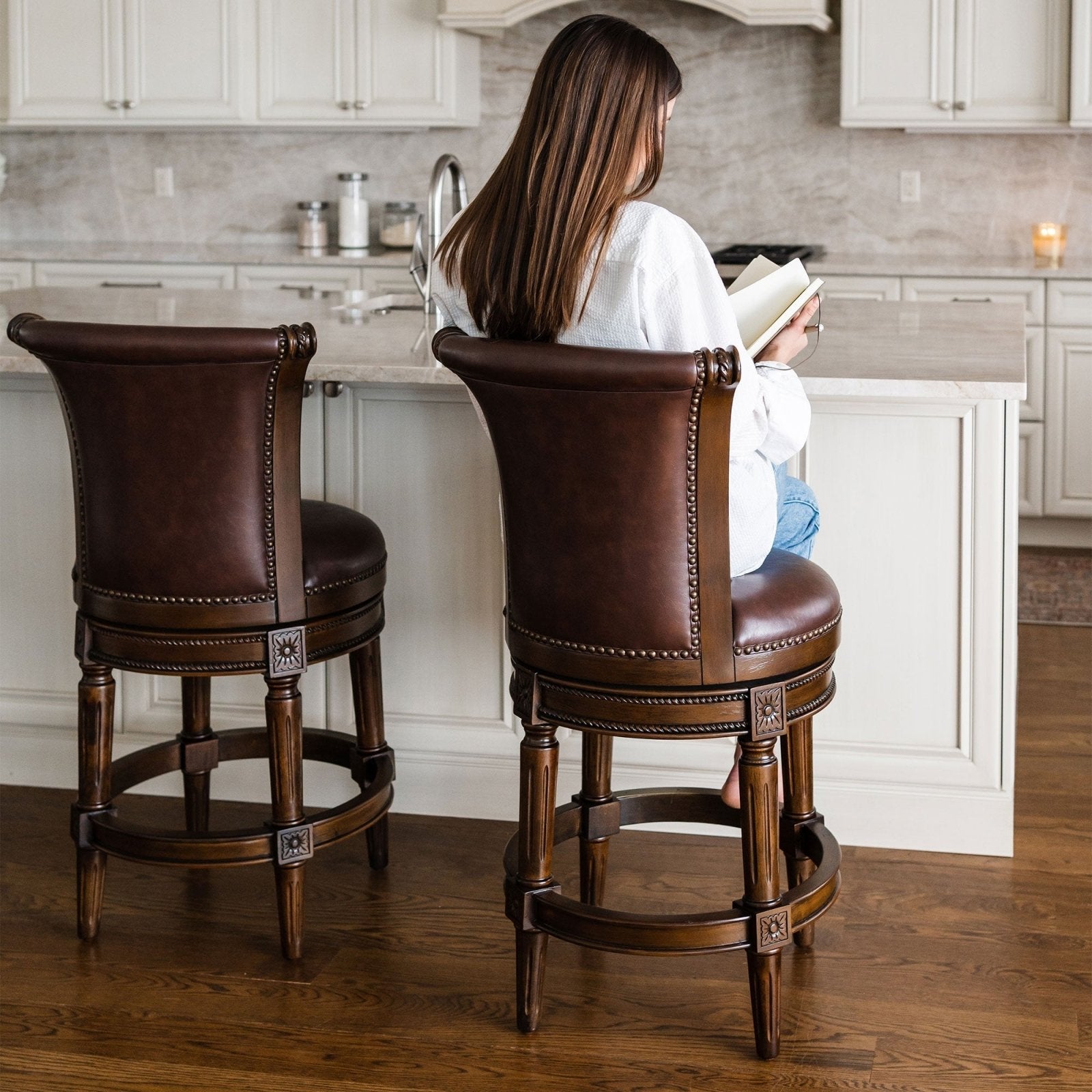 Pullman Counter Stool in Dark Walnut Finish with Vintage Brown Vegan Leather in Stools by Maven Lane