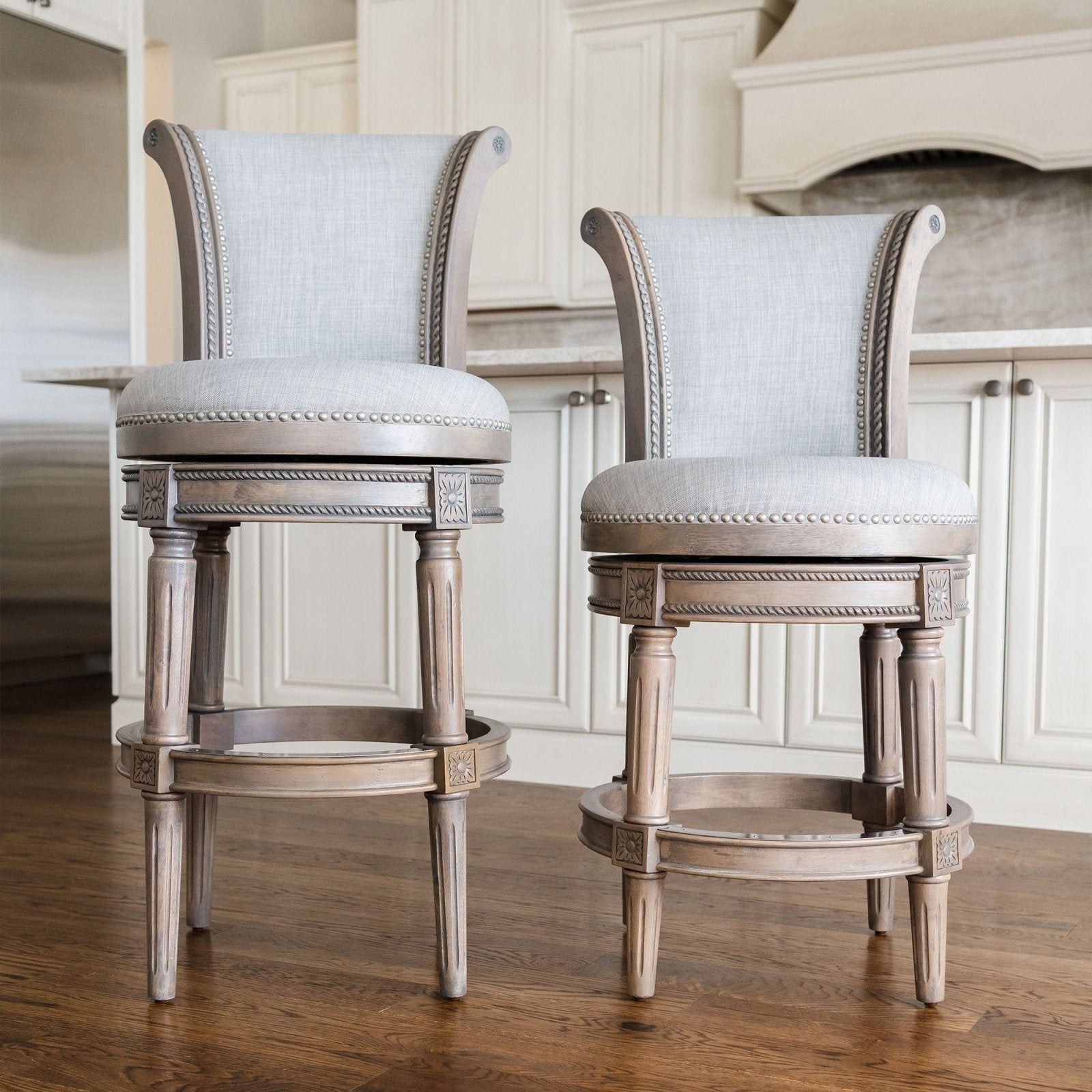 Pullman Counter Stool in Reclaimed Oak Finish with Ash Grey Fabric Upholstery in Stools by Maven Lane