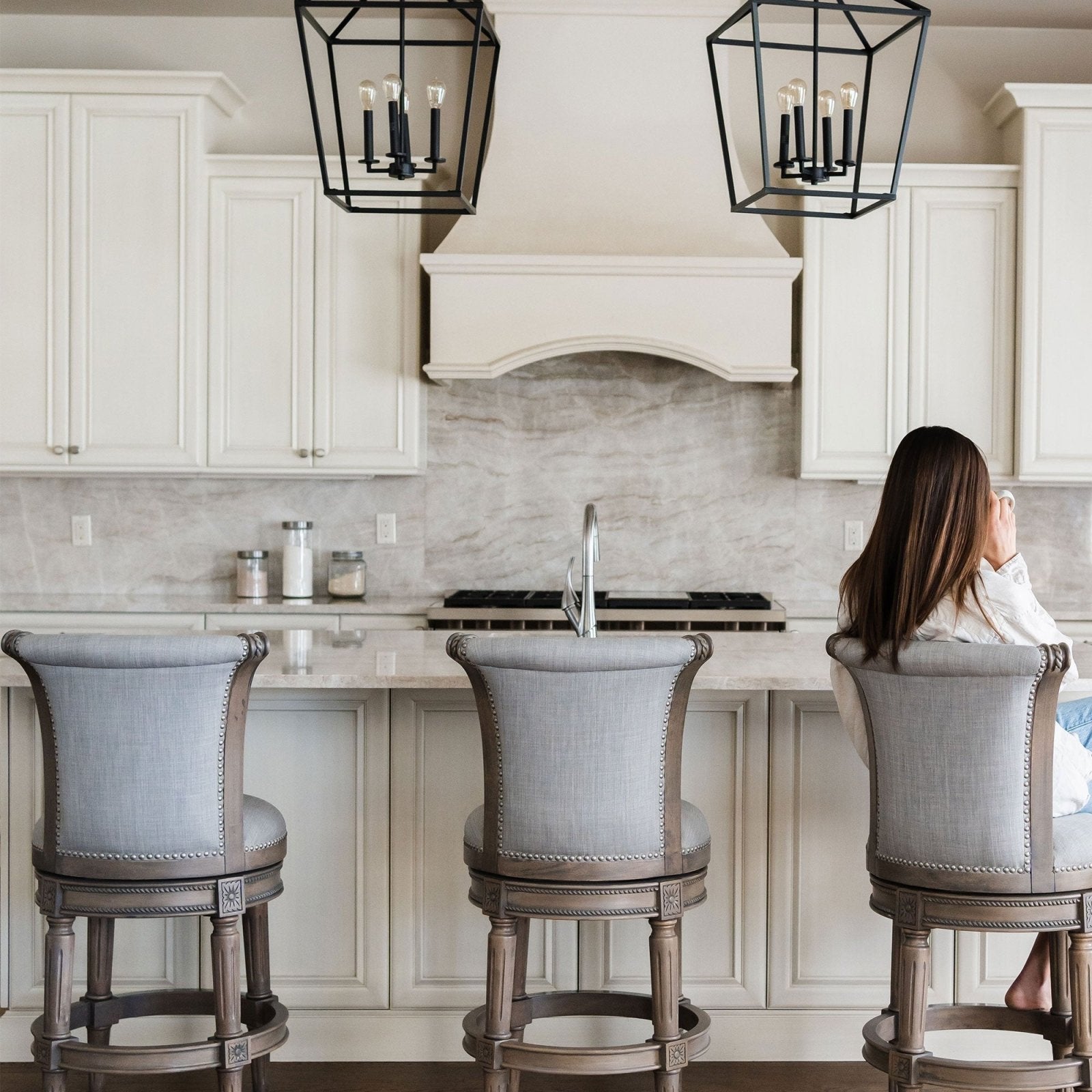 Pullman Counter Stool in Reclaimed Oak Finish with Ash Grey Fabric Upholstery