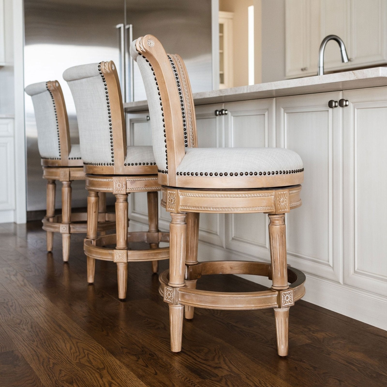 Pullman Counter Stool in Weathered Oak Finish with Sand Color Fabric Upholstery in Stools by Maven Lane