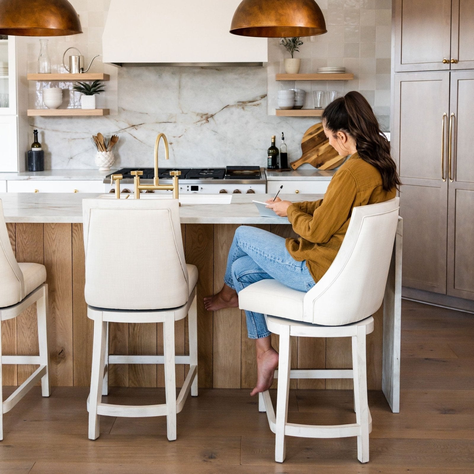 Vienna Bar Stool in White Oak Finish with Natural Fabric Upholstery in Stools by Maven Lane