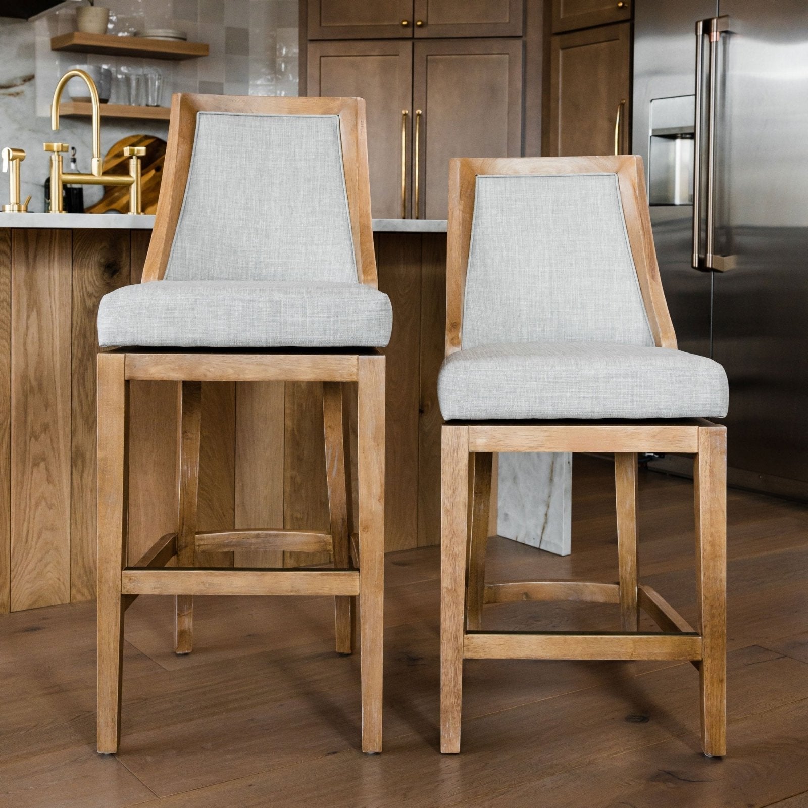 Vienna Bar Stool in Weathered Oak Finish with Sand Color Fabric Upholstery in Stools by Maven Lane