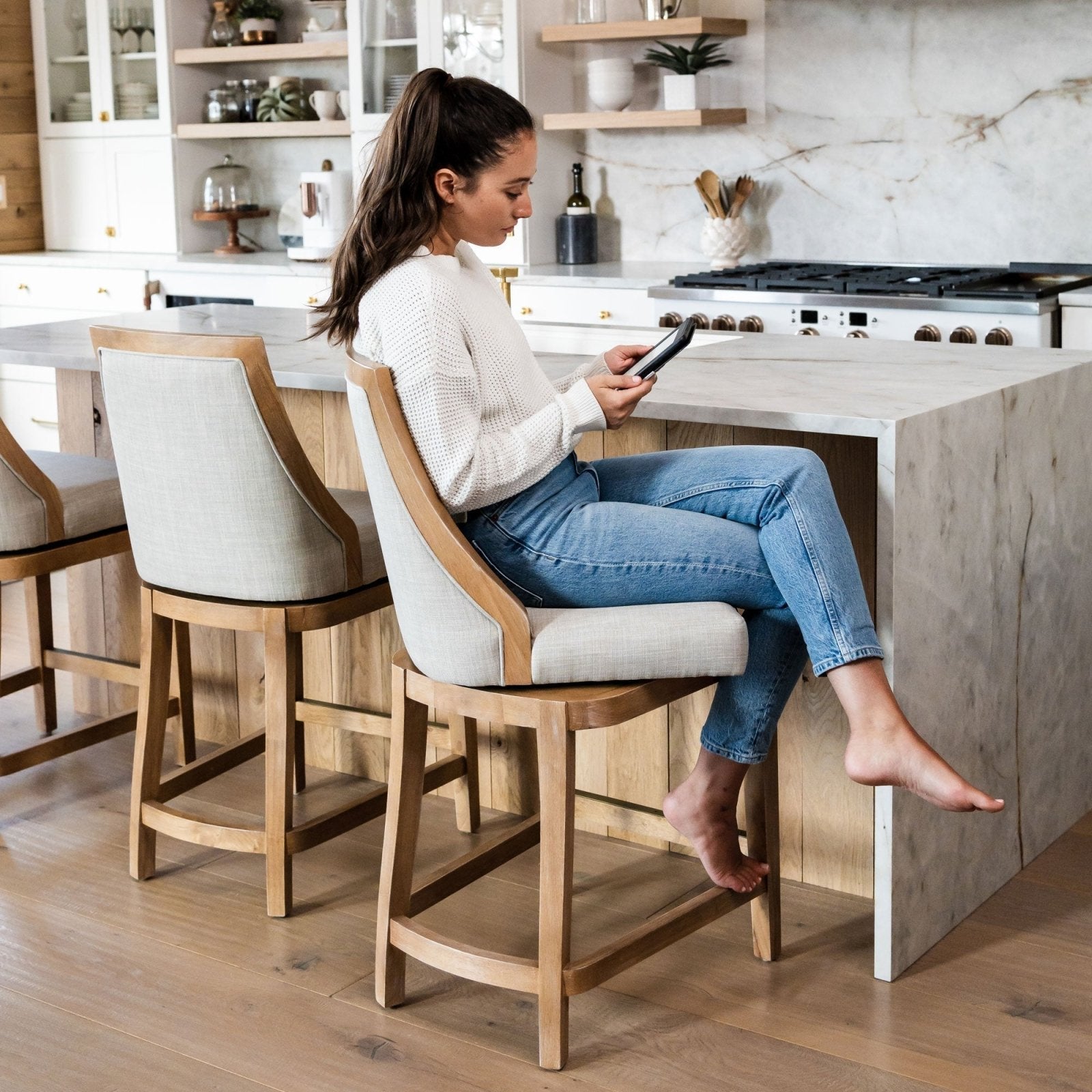 Vienna Bar Stool in Weathered Oak Finish with Sand Color Fabric Upholstery in Stools by Maven Lane