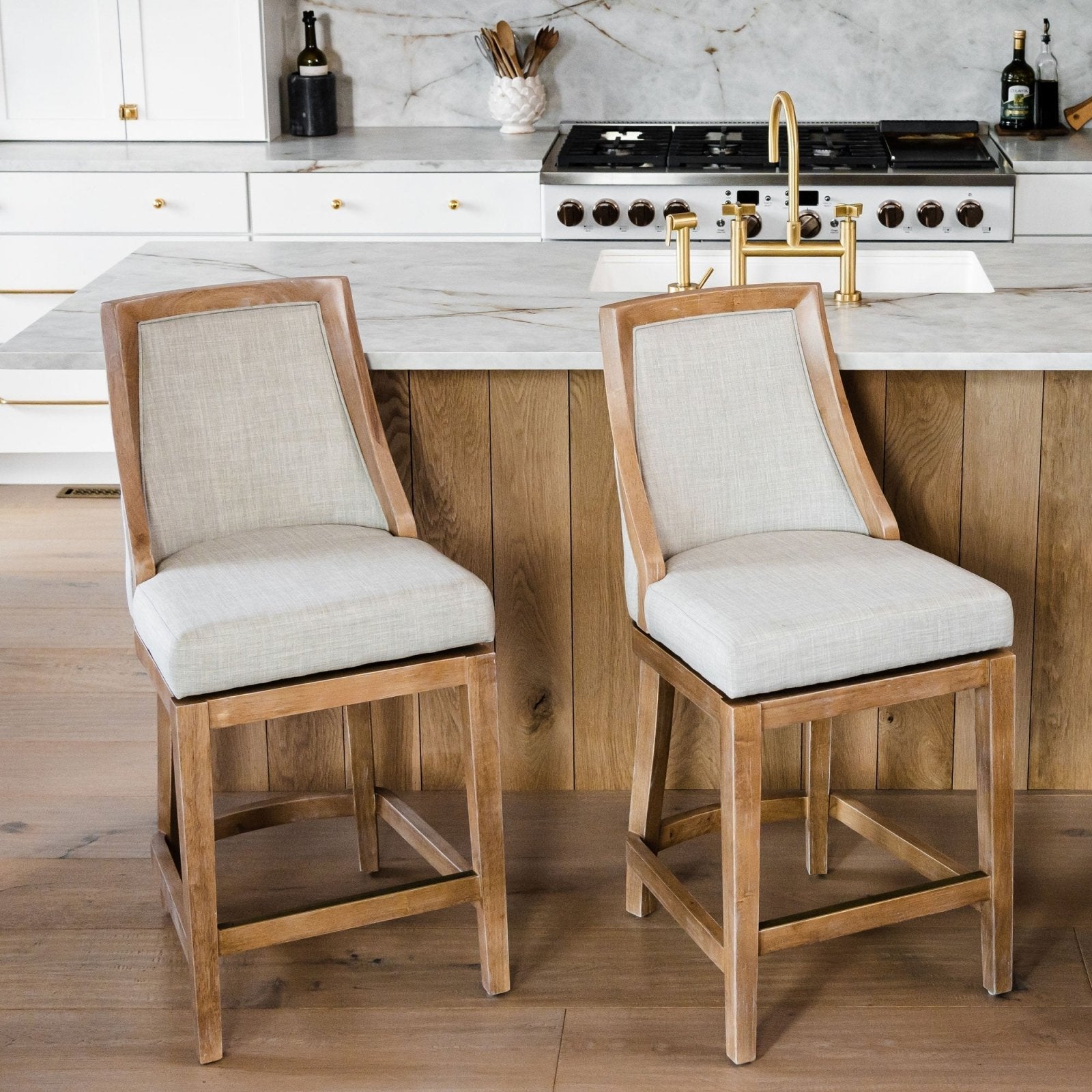 Vienna Counter Stool in Weathered Oak Finish with Sand Color Fabric Upholstery in Stools by Maven Lane